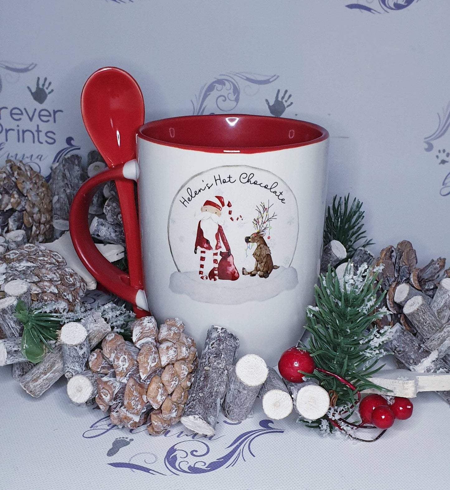 Personalised Christmas Mug, Red Handle & Spoon, Family Gift