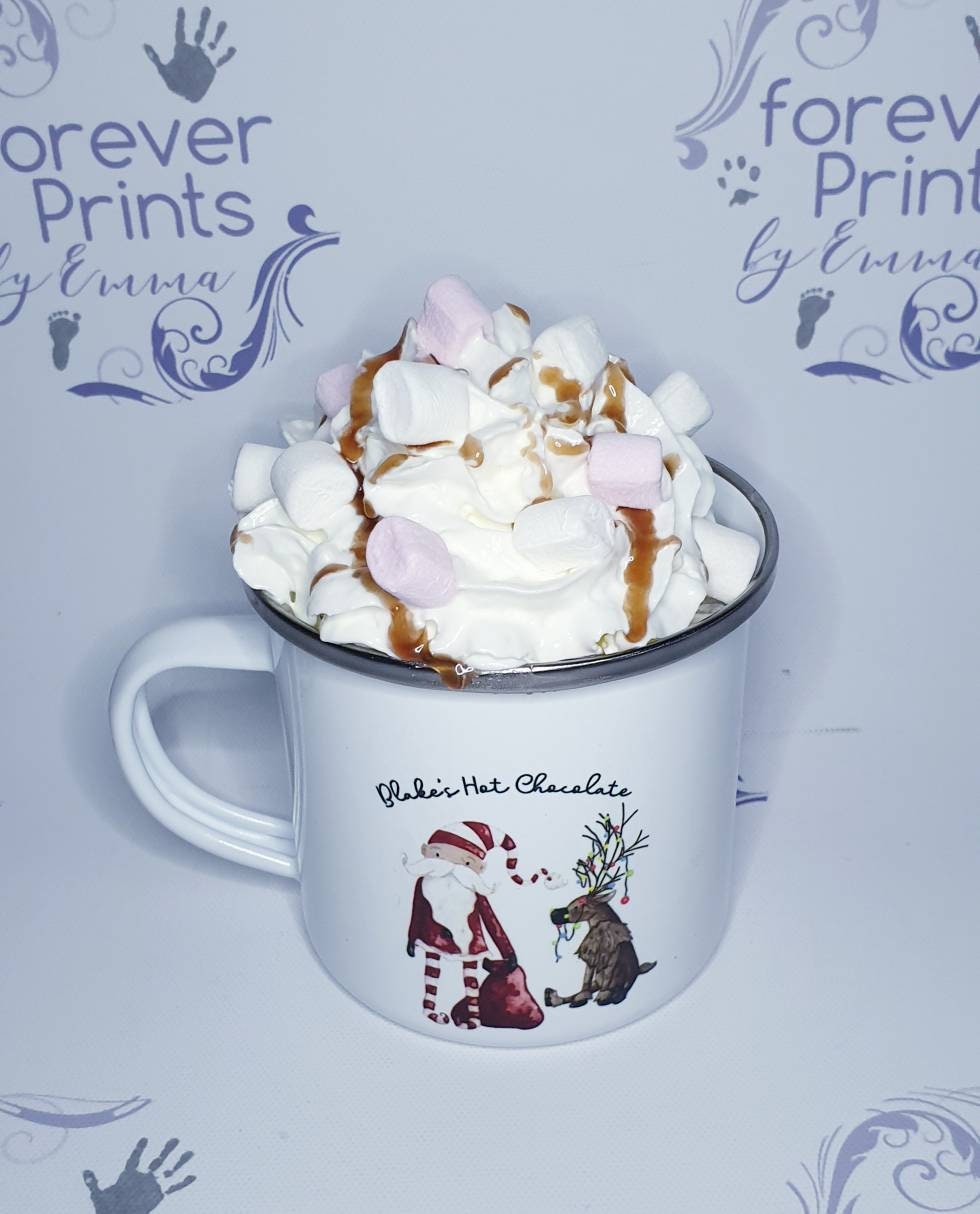Personalised Christmas Enamel Mug, Children's Hot Chocolate Mug