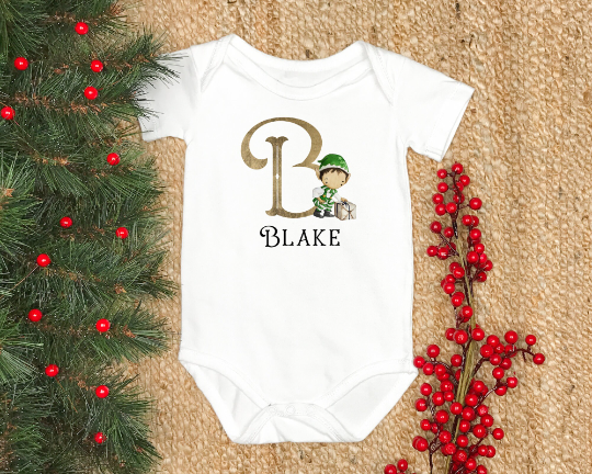 Christmas boy elf alphabet baby vest