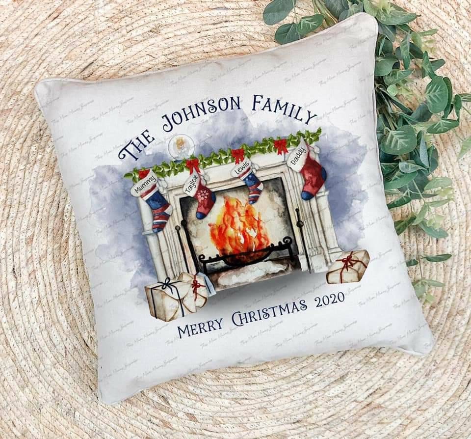 Christmas pillow, fireplace cushion with stockings personalised