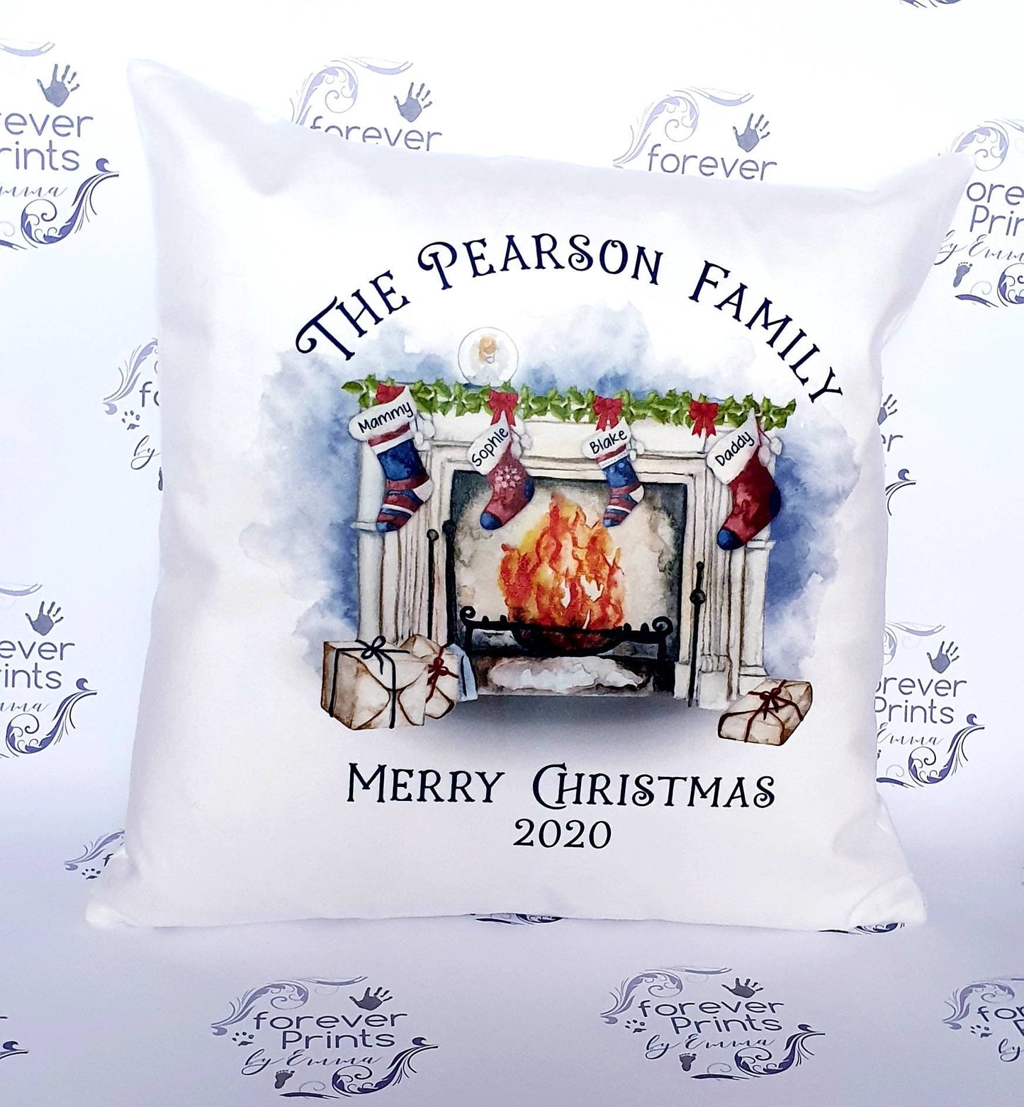 Christmas pillow, fireplace cushion with stockings personalised