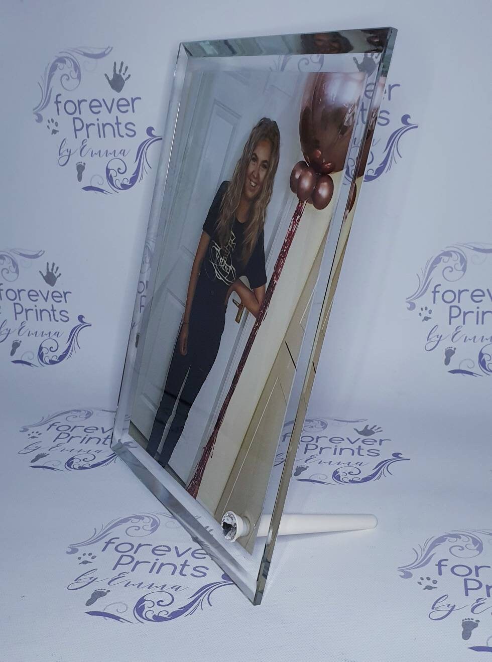 Printed glass photo frame, freestanding.