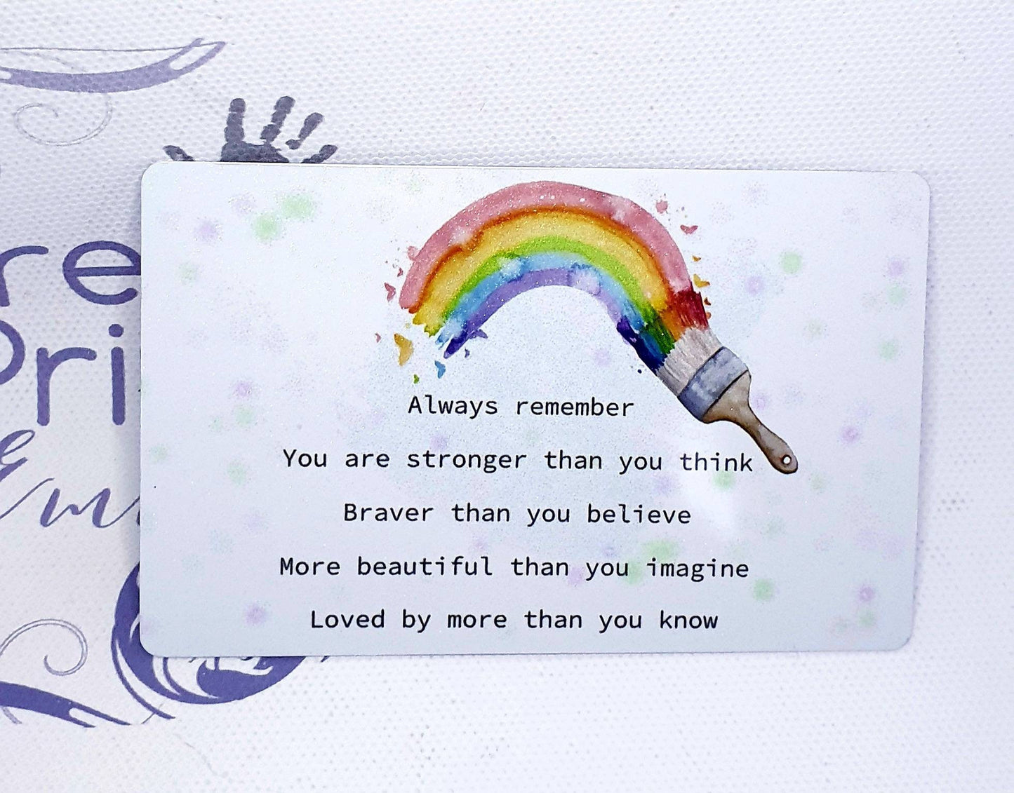 Uplifting rainbow gift, metal printed wallet card.