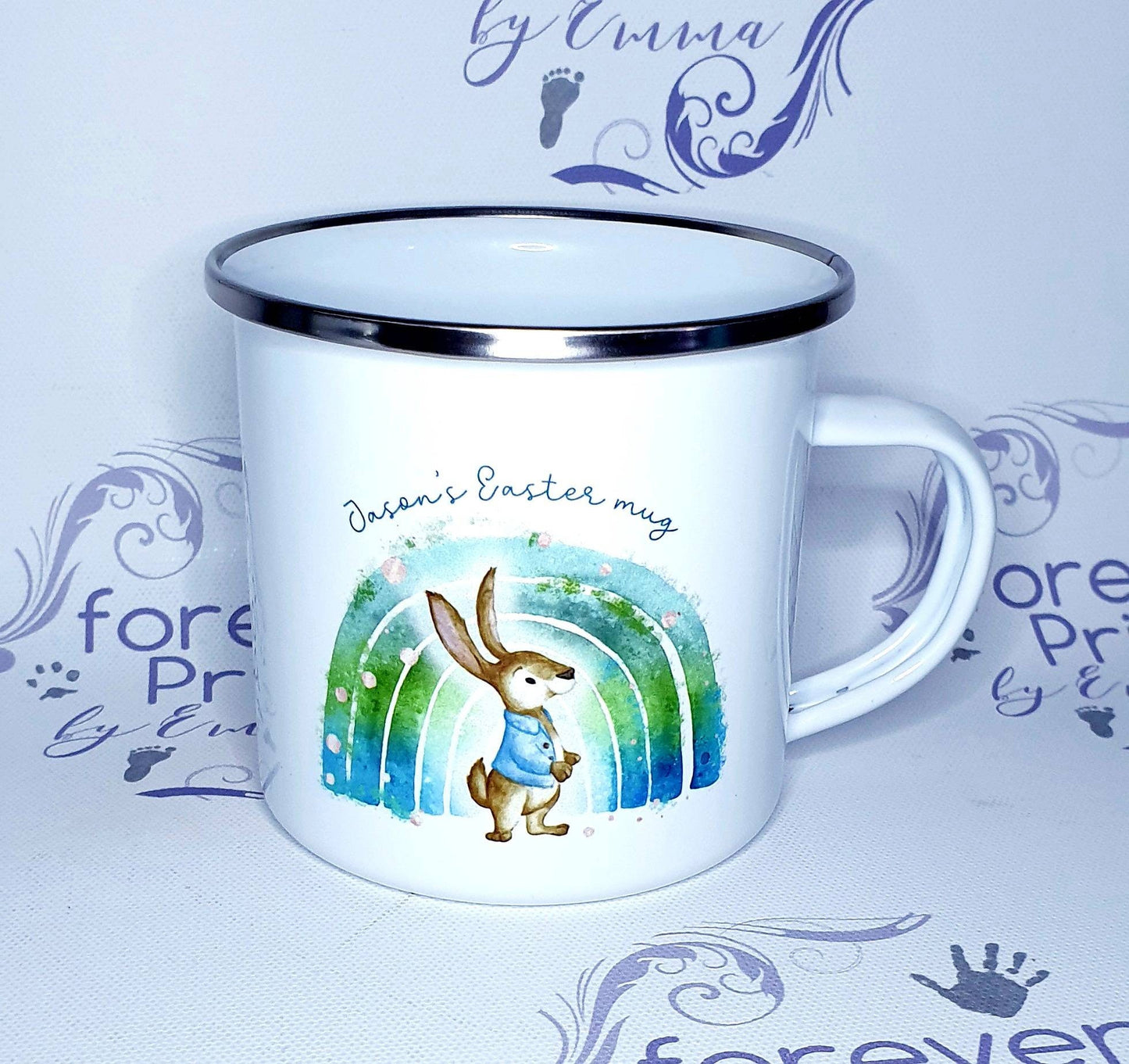 Easter mug gift, Enamel mug, personalised children's mug, enamel Easter mug, hot chocolate Easter mug