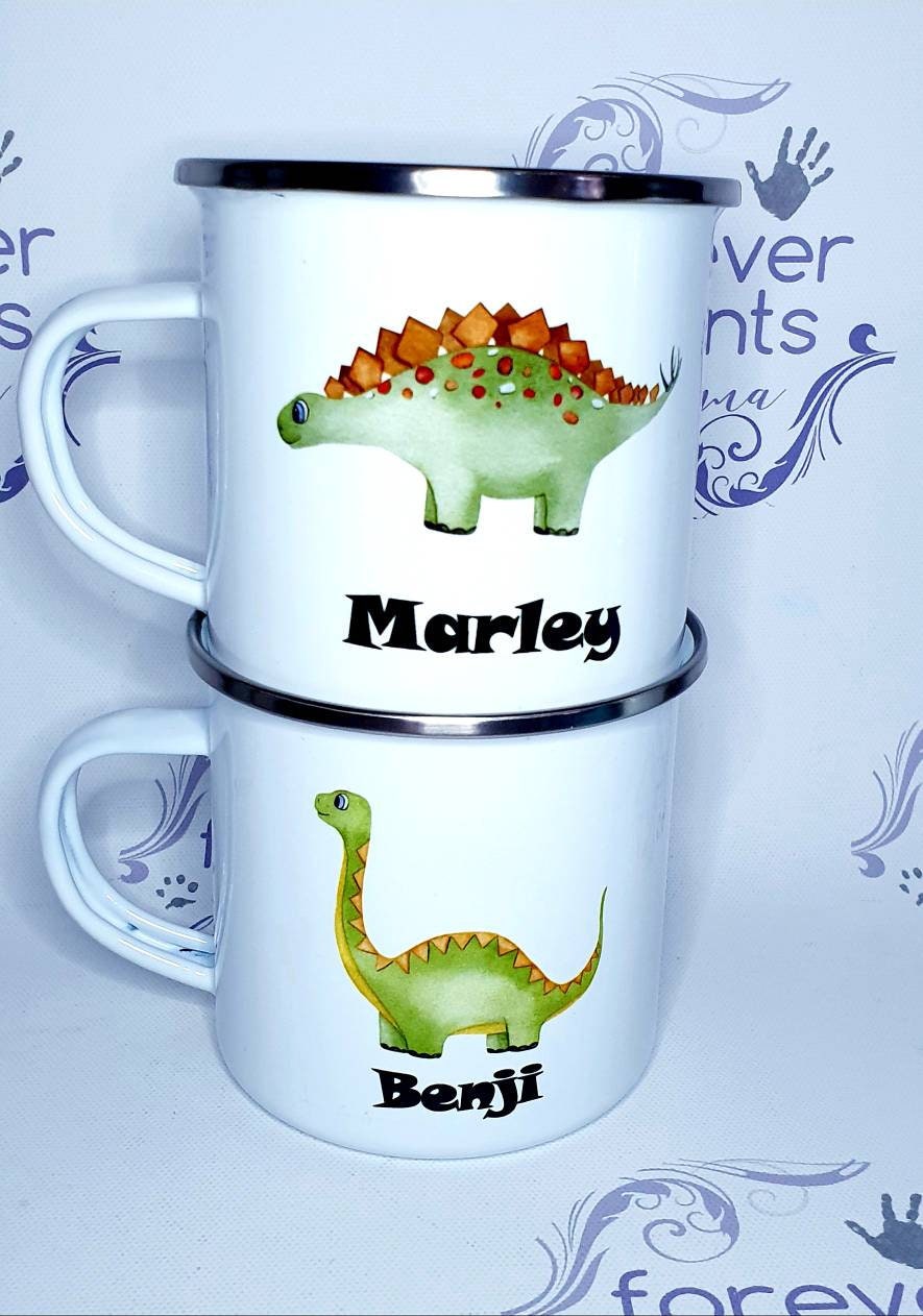 children's dinosaur mug, personalised children's mug, enamel hot chocolate dinosaur mug