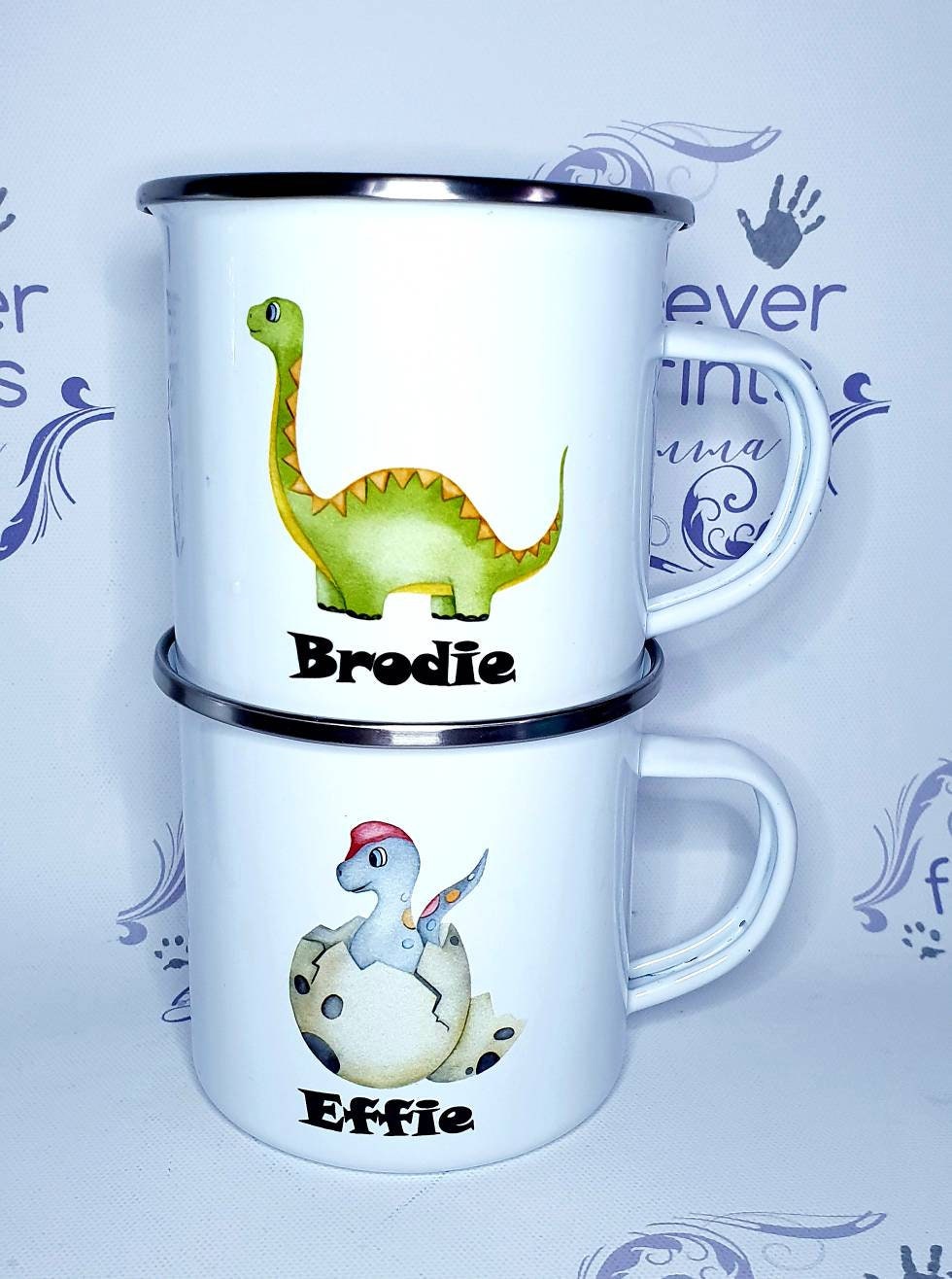 children's dinosaur mug, personalised children's mug, enamel hot chocolate dinosaur mug