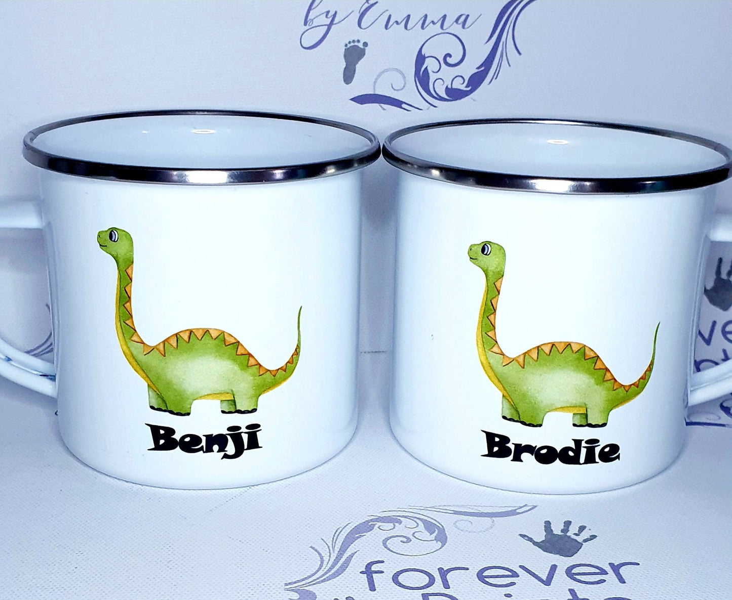 children's dinosaur mug, personalised children's mug, enamel hot chocolate dinosaur mug