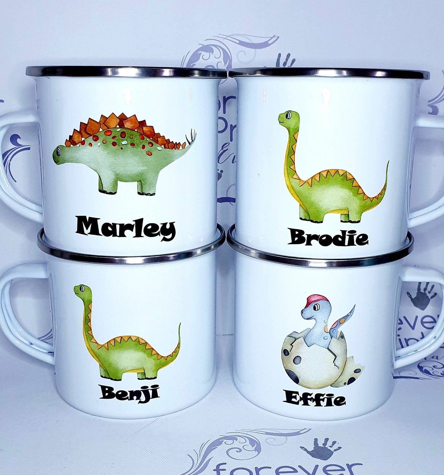 children's dinosaur mug, personalised children's mug, enamel hot chocolate dinosaur mug