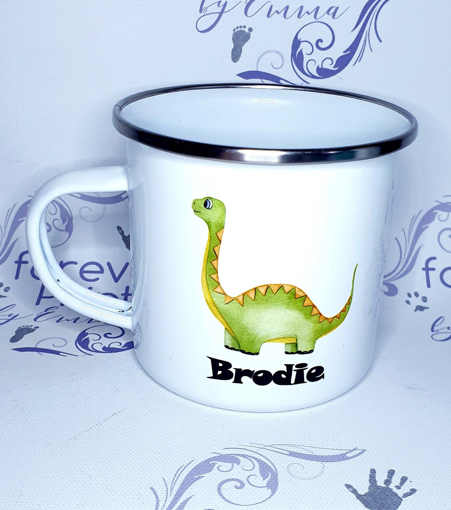 children's dinosaur mug, personalised children's mug, enamel hot chocolate dinosaur mug