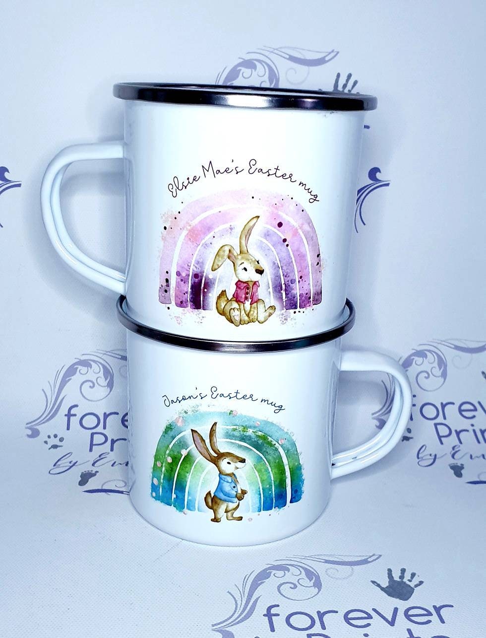 Easter mug gift, Enamel mug, personalised children's mug, enamel Easter mug, hot chocolate Easter mug
