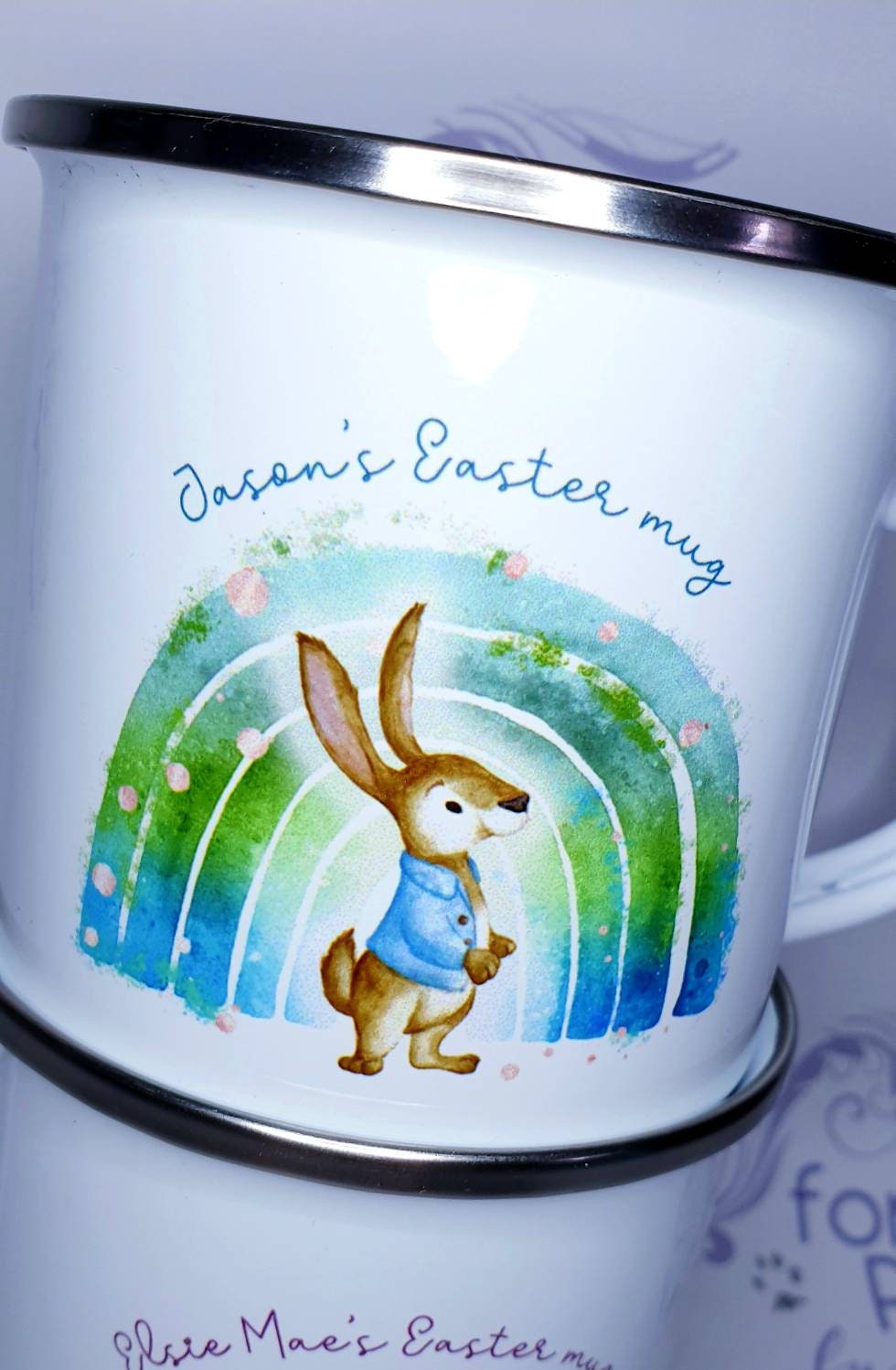Easter mug gift, Enamel mug, personalised children's mug, enamel Easter mug, hot chocolate Easter mug