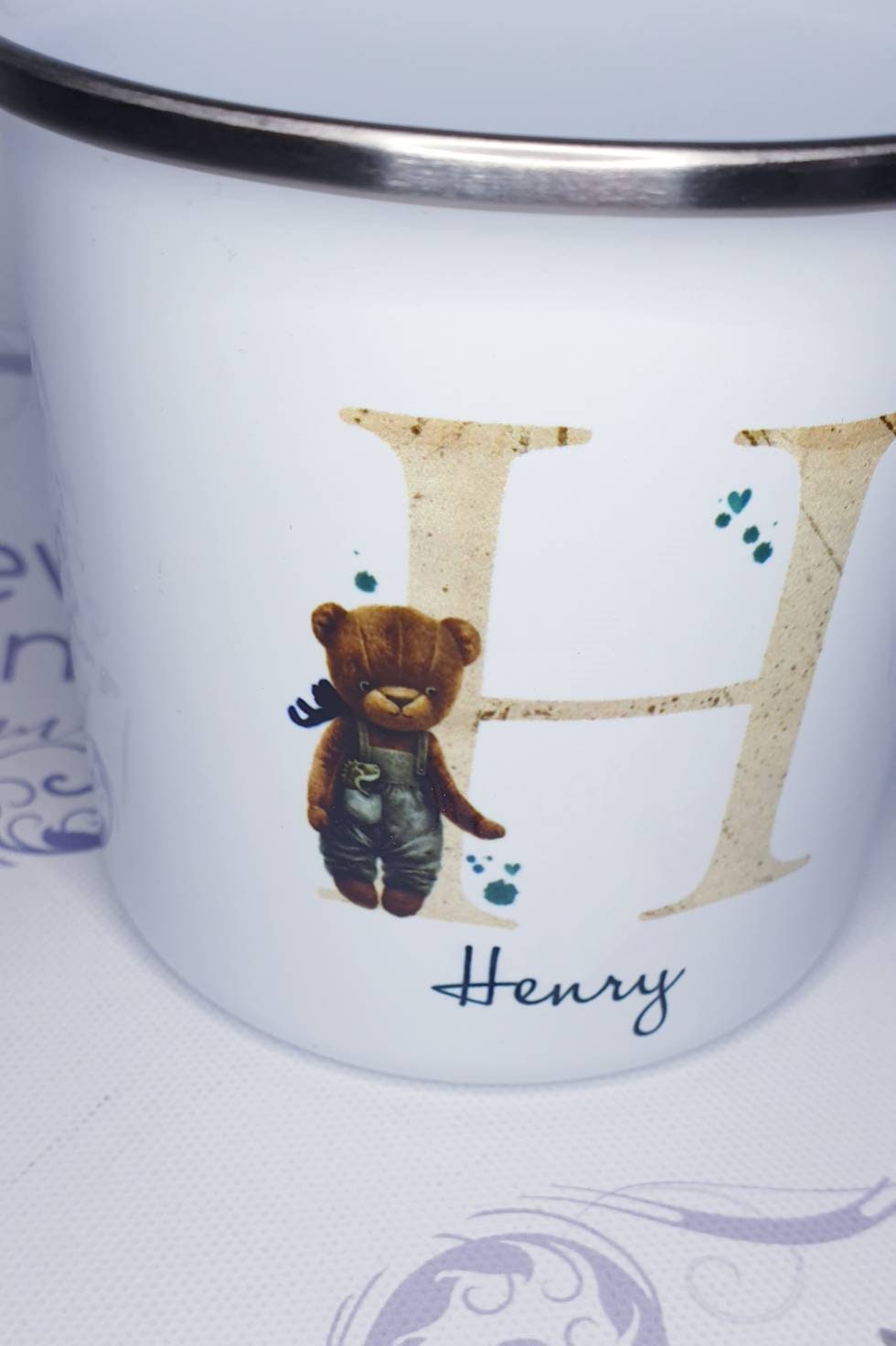 personalised teddy bear mug gift, Enamel mug, personalised children's mug, enamel bear mug, hot chocolate mug