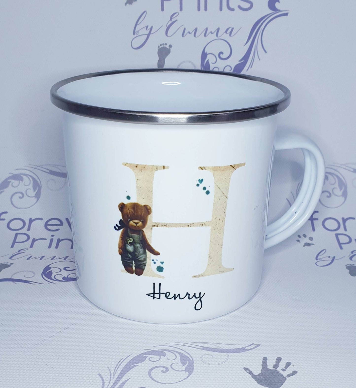 personalised teddy bear mug gift, Enamel mug, personalised children's mug, enamel bear mug, hot chocolate mug