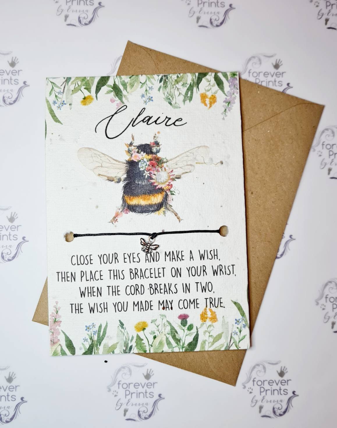 Seed paper bee Wish bracelet, wildflower seed paper gift