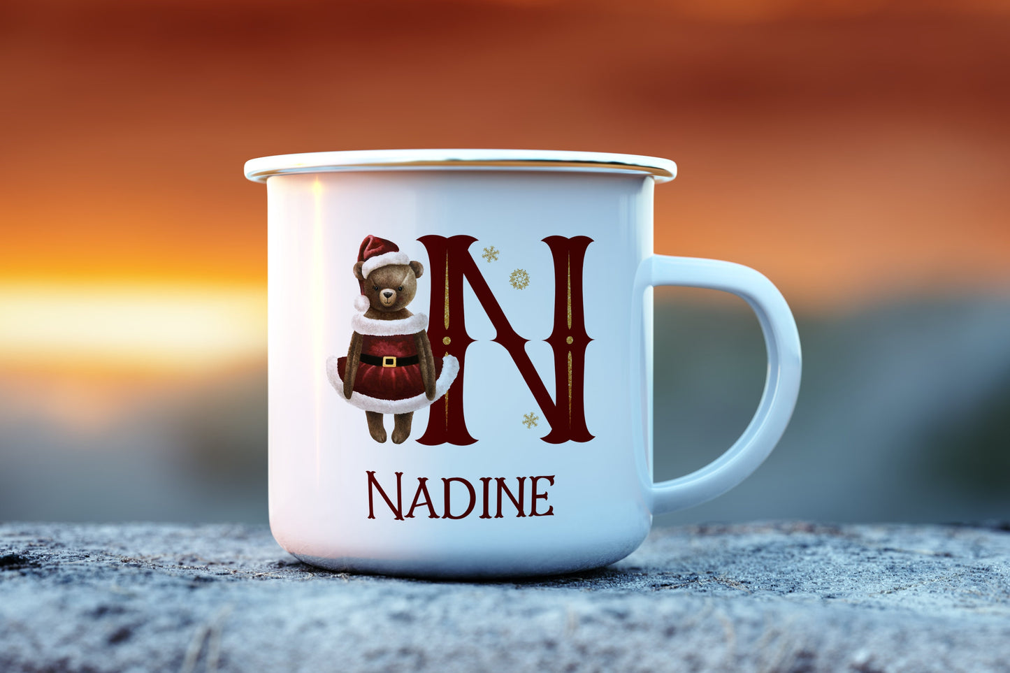 Enamel mug, personalised children's mug, enamel bear alphabet Christmas mug, hot chocolate Christmas mug