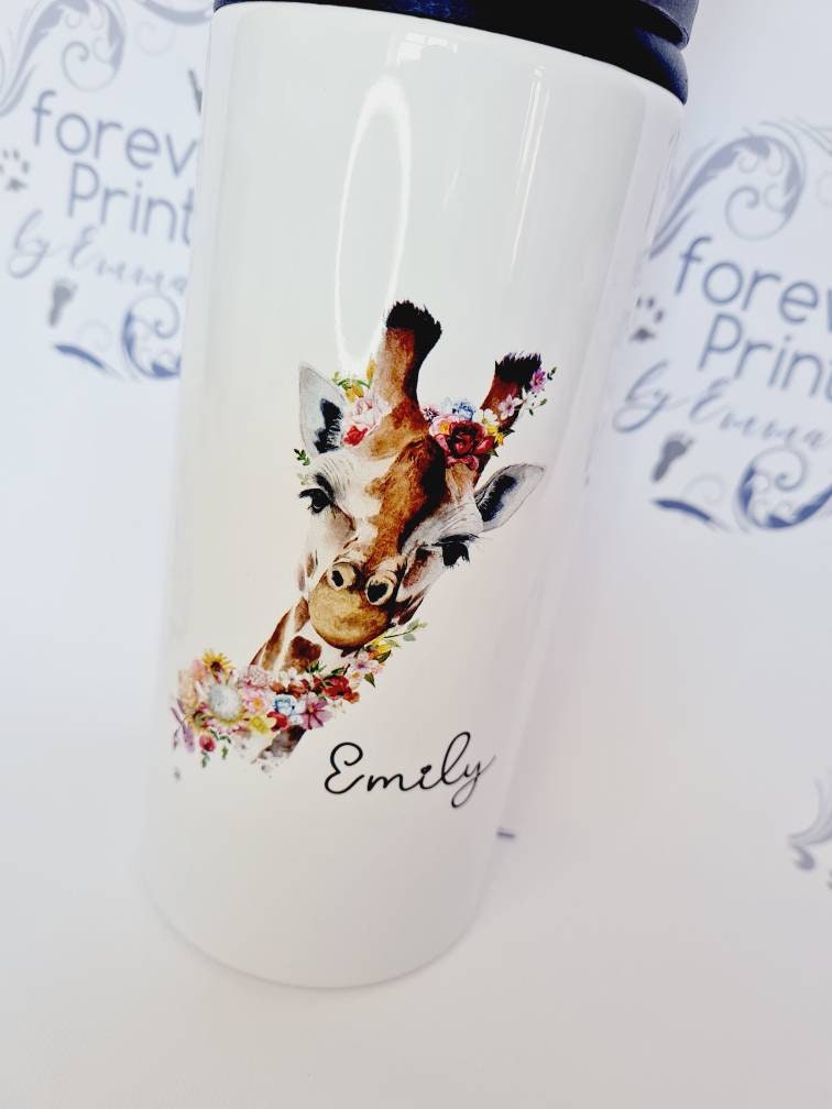 Metal water bottle - personalised giraffe bottle - school water bottle -fine art giraffe water bottle