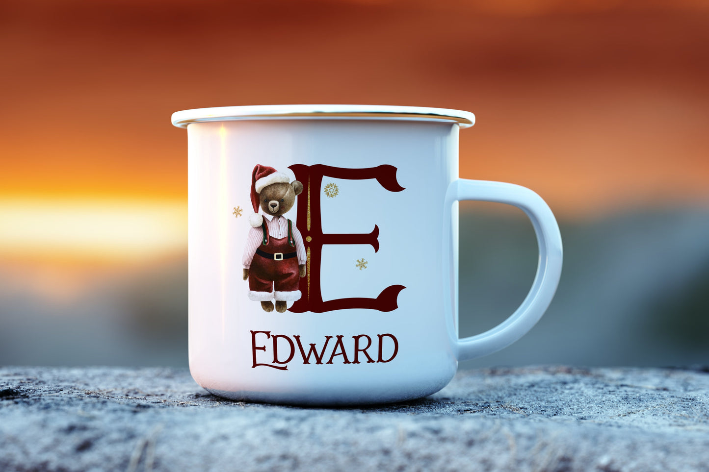 Enamel mug, personalised children's mug, enamel bear alphabet Christmas mug, hot chocolate Christmas mug