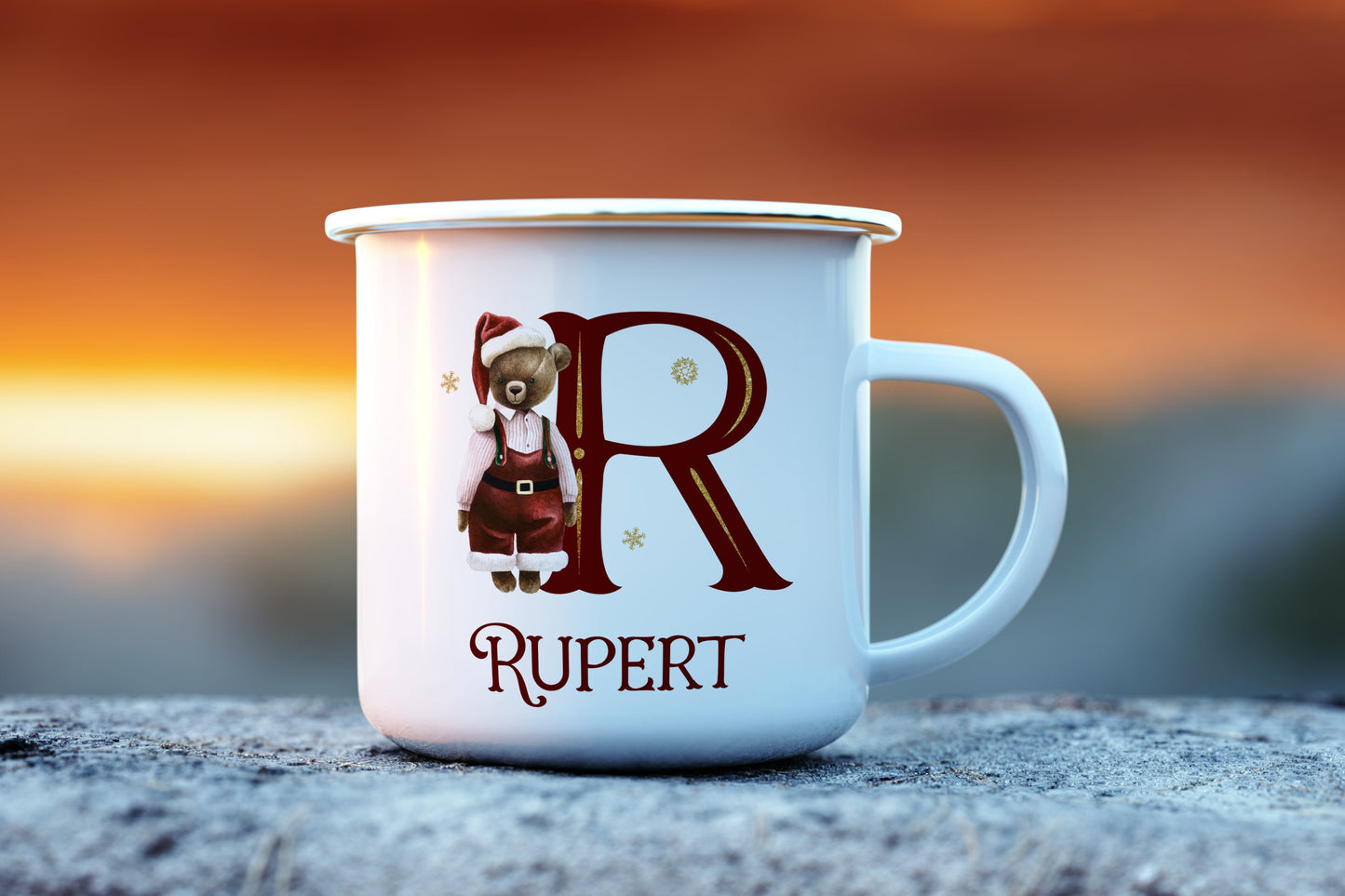 Enamel mug, personalised children's mug, enamel bear alphabet Christmas mug, hot chocolate Christmas mug