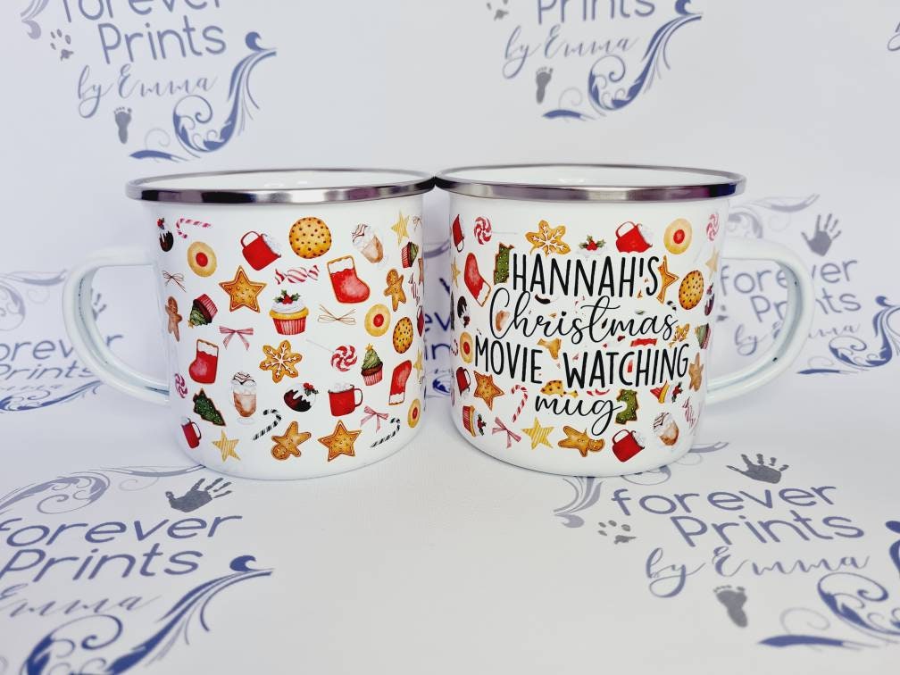 Christmas movie watching mug, 11oz Enamel mug, personalised christmas mug, enamel Christmas mug, hot chocolate Christmas mug