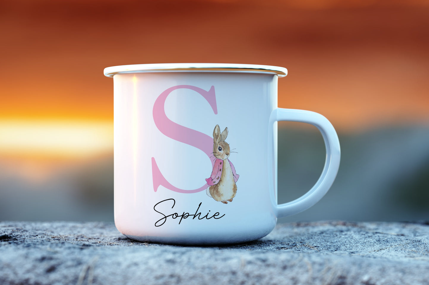 peter rabbit enamel mug, blue peter rabbit, pink peter rabbit, child's enamel mug, children's mug