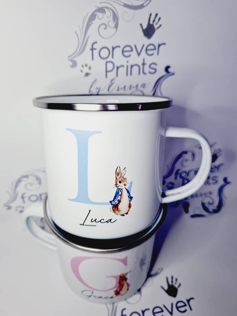 peter rabbit enamel mug, blue peter rabbit, pink peter rabbit, child's enamel mug, children's mug
