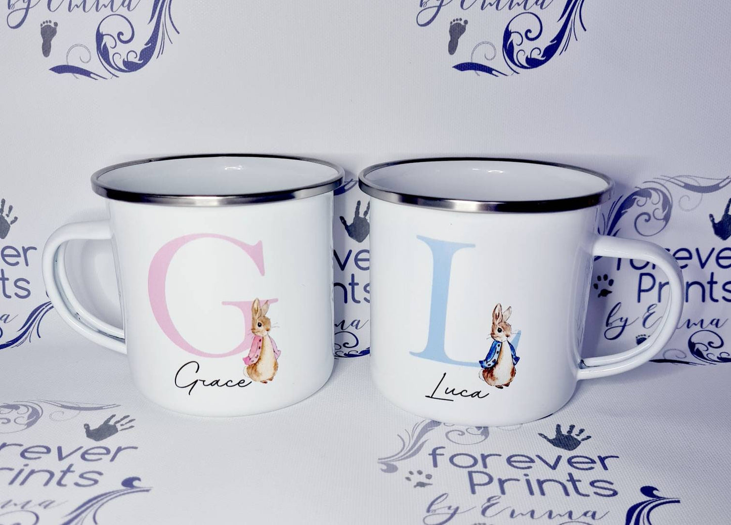 peter rabbit enamel mug, blue peter rabbit, pink peter rabbit, child's enamel mug, children's mug