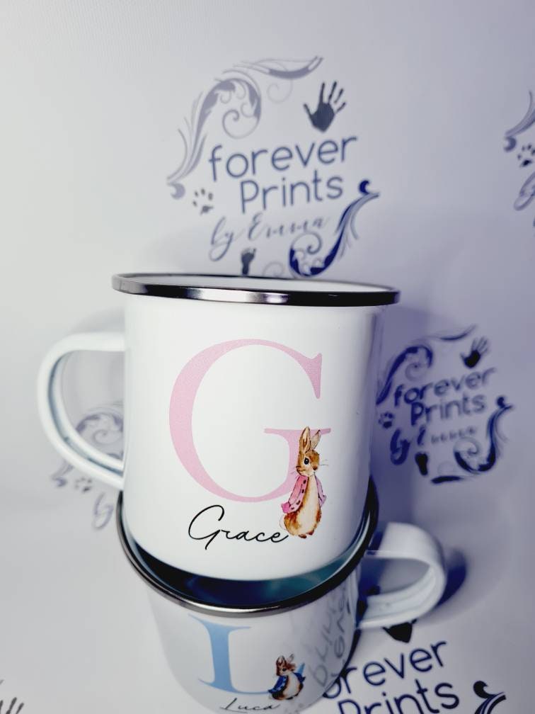 peter rabbit enamel mug, blue peter rabbit, pink peter rabbit, child's enamel mug, children's mug