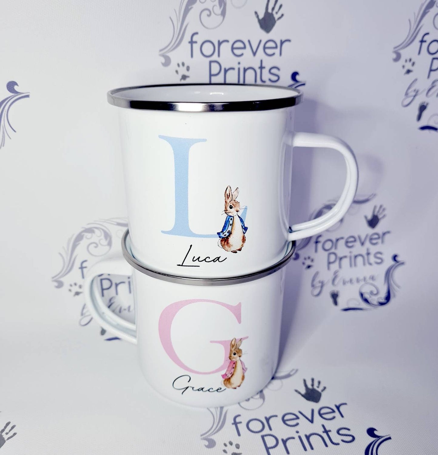 peter rabbit enamel mug, blue peter rabbit, pink peter rabbit, child's enamel mug, children's mug