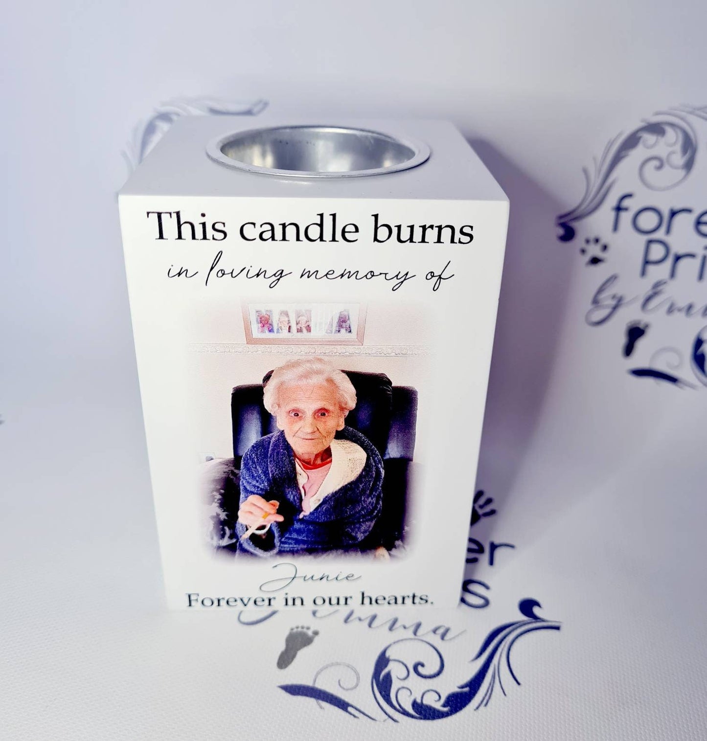 Wooden photo candle, memory candle, photo candle