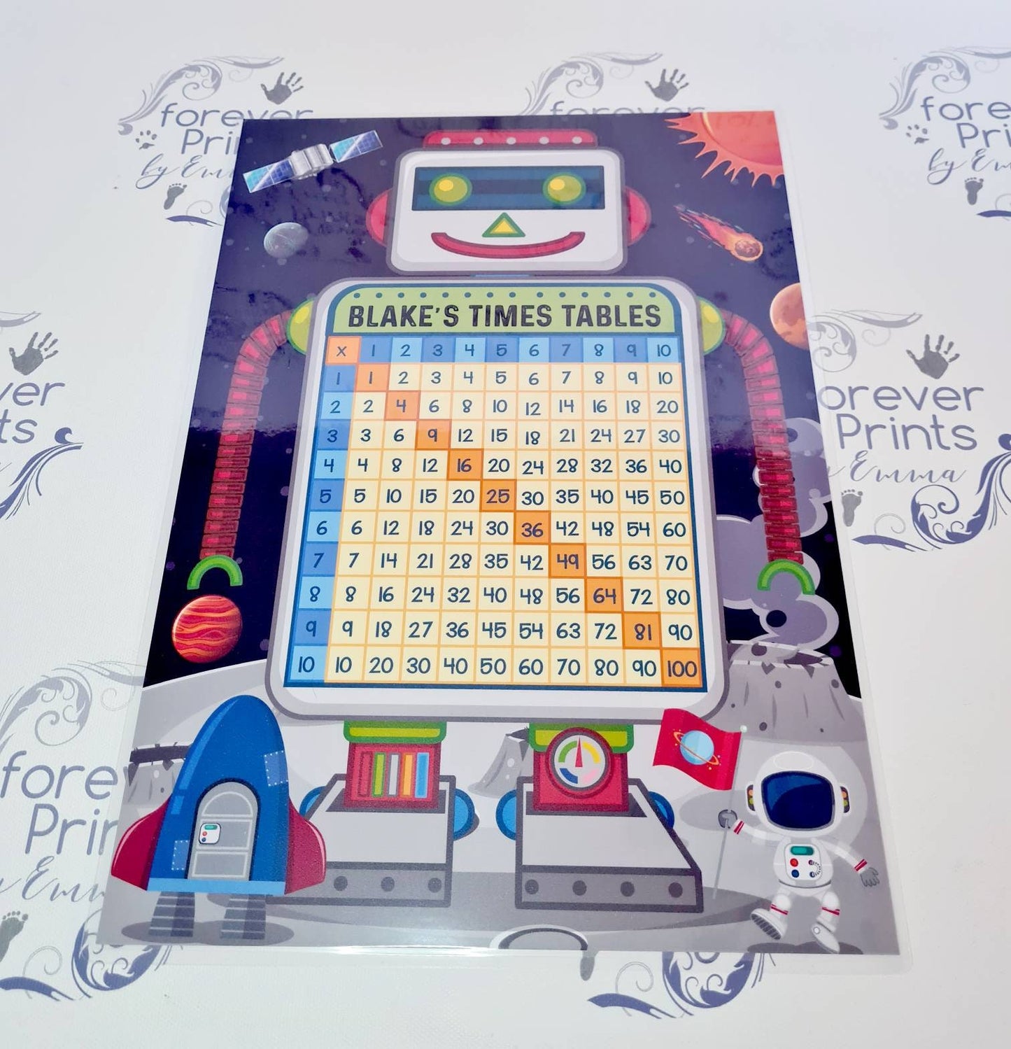 Personalised times tables chart, a4 laminated educational chart