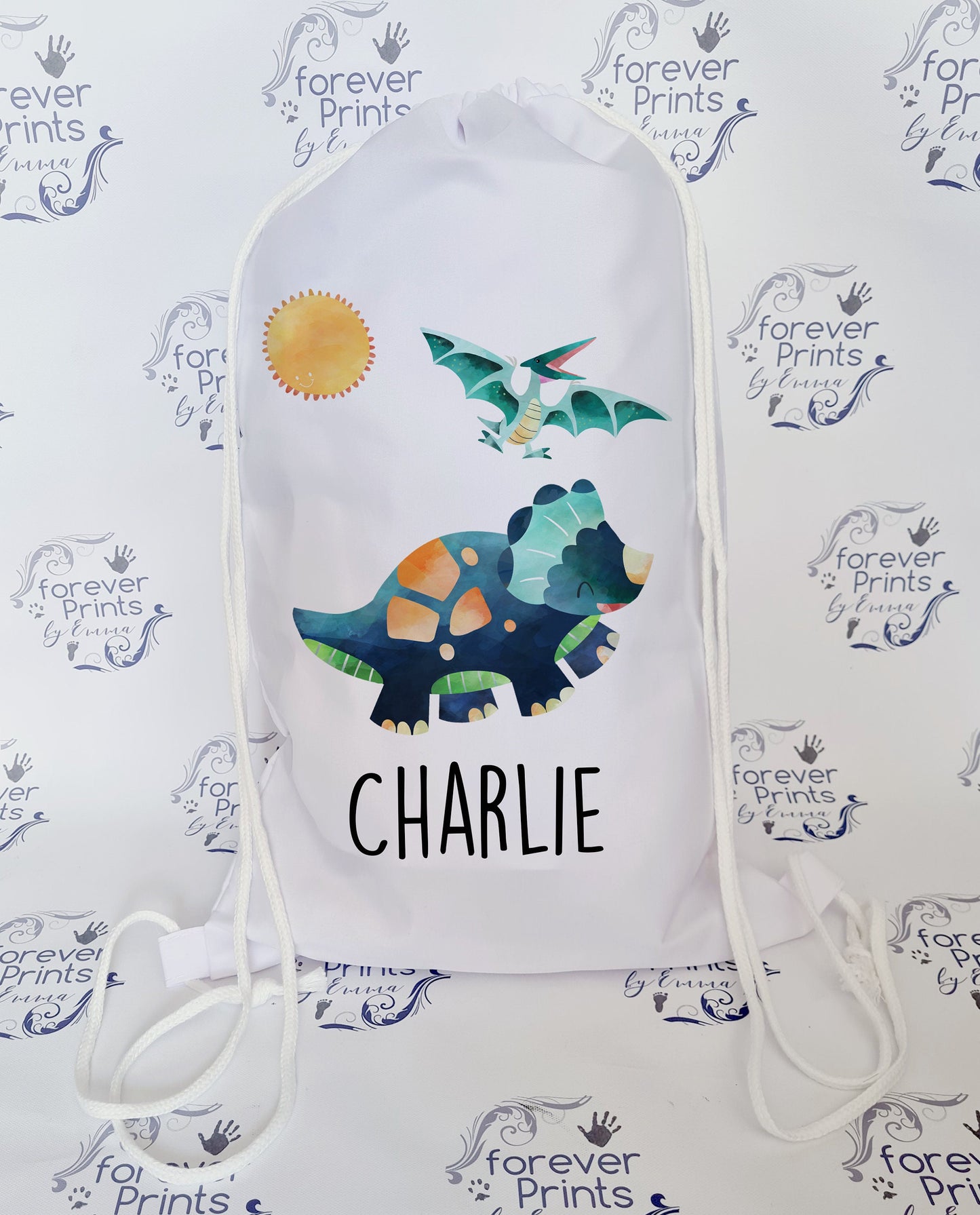 personalised school drawstring bag, dinosaur drawstring bag, dinosaur gym bag