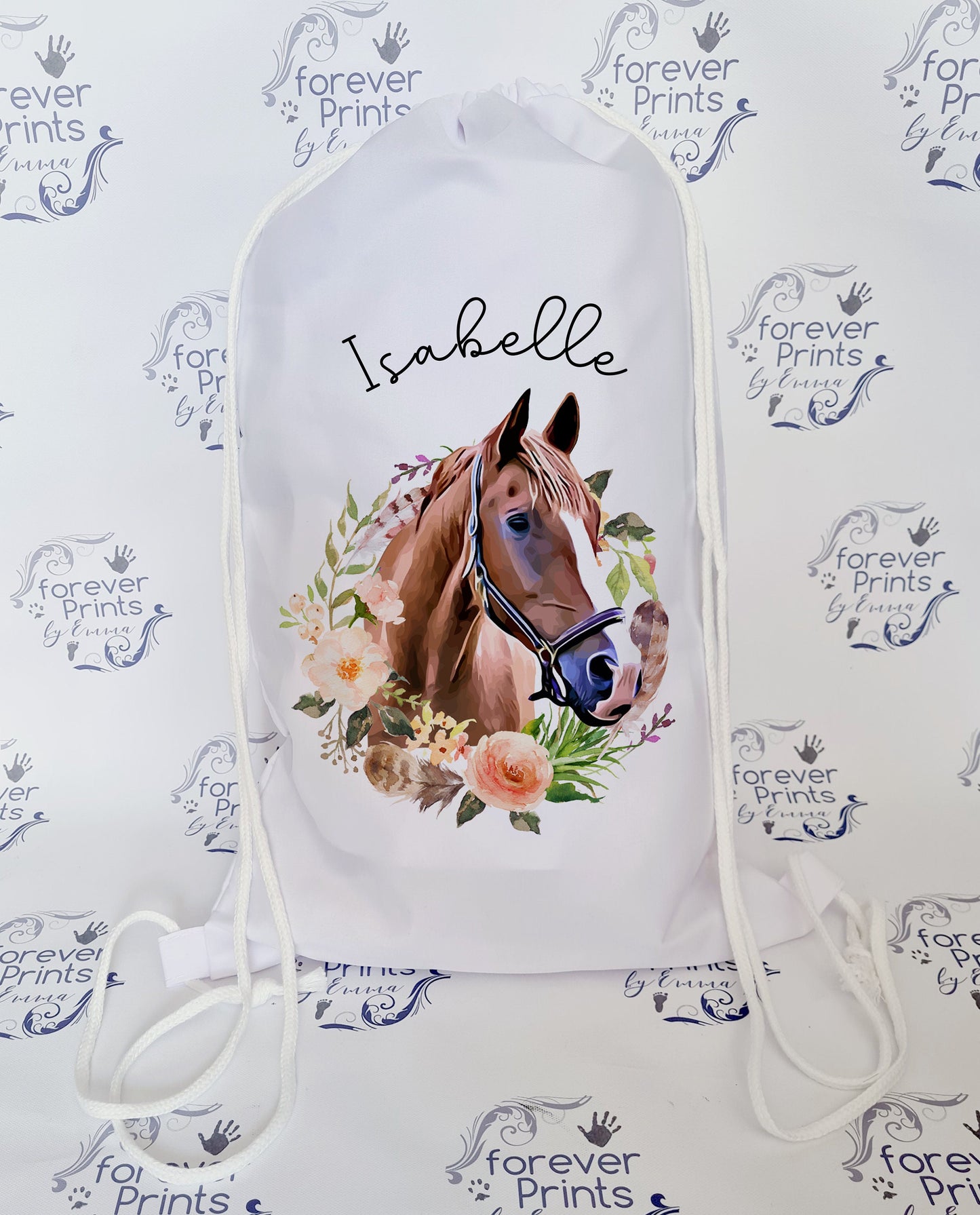 personalised school drawstring bag, horse drawstring bag, horse gym bag