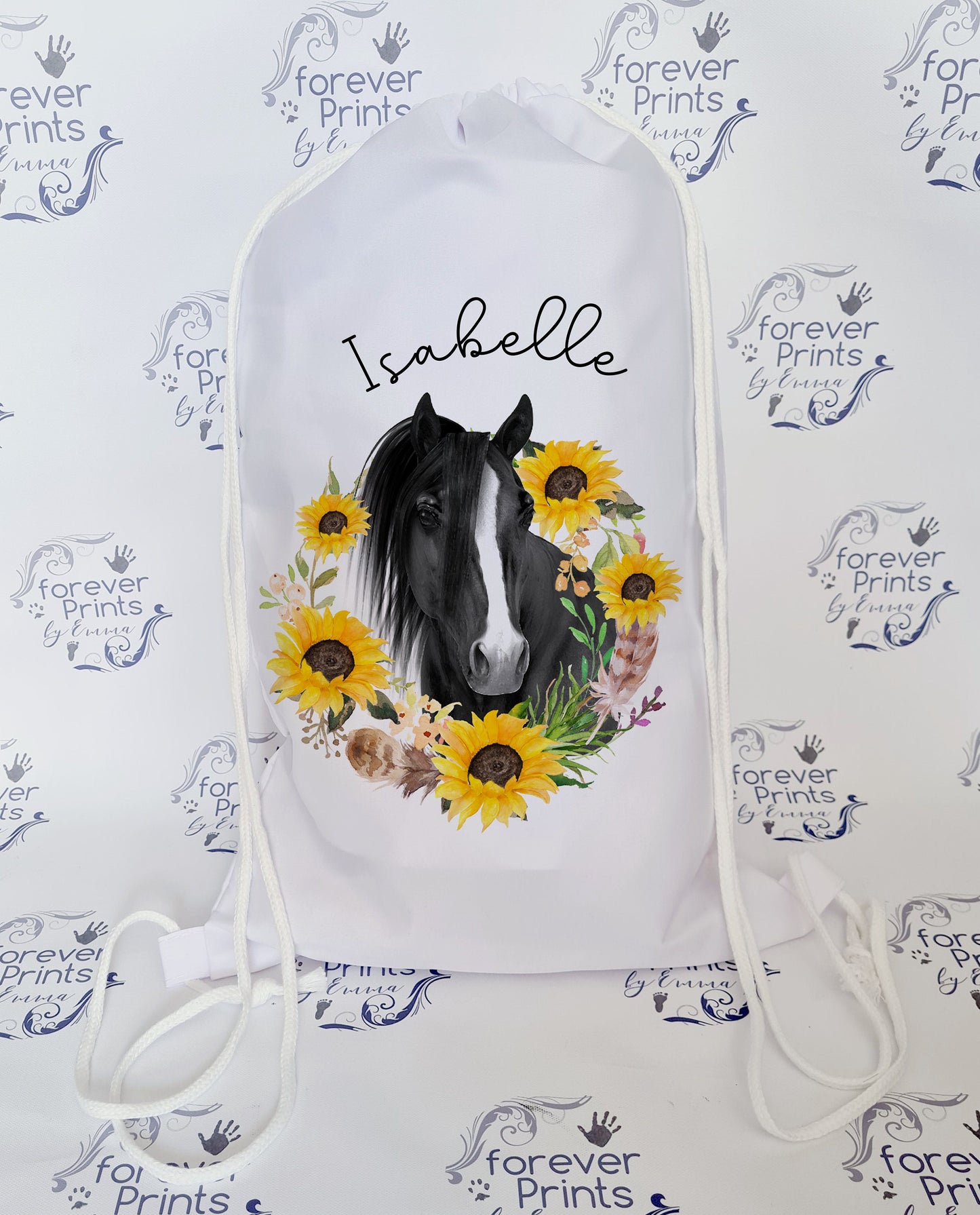 personalised school drawstring bag, horse drawstring bag, horse gym bag