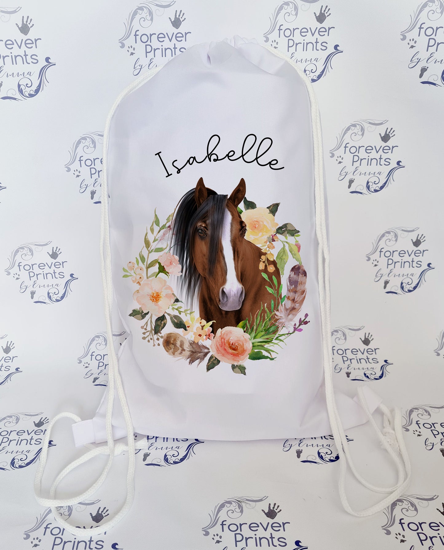 personalised school drawstring bag, horse drawstring bag, horse gym bag