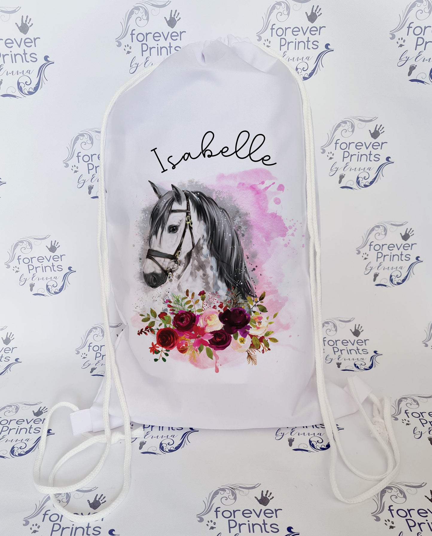 personalised school drawstring bag, horse drawstring bag, horse gym bag