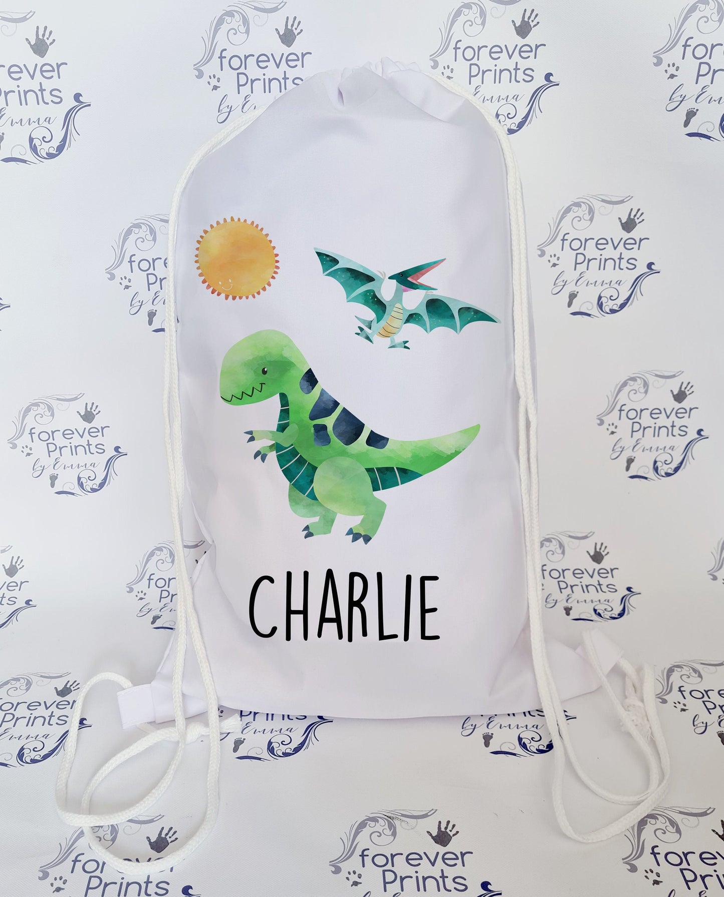 personalised school drawstring bag, dinosaur drawstring bag, dinosaur gym bag