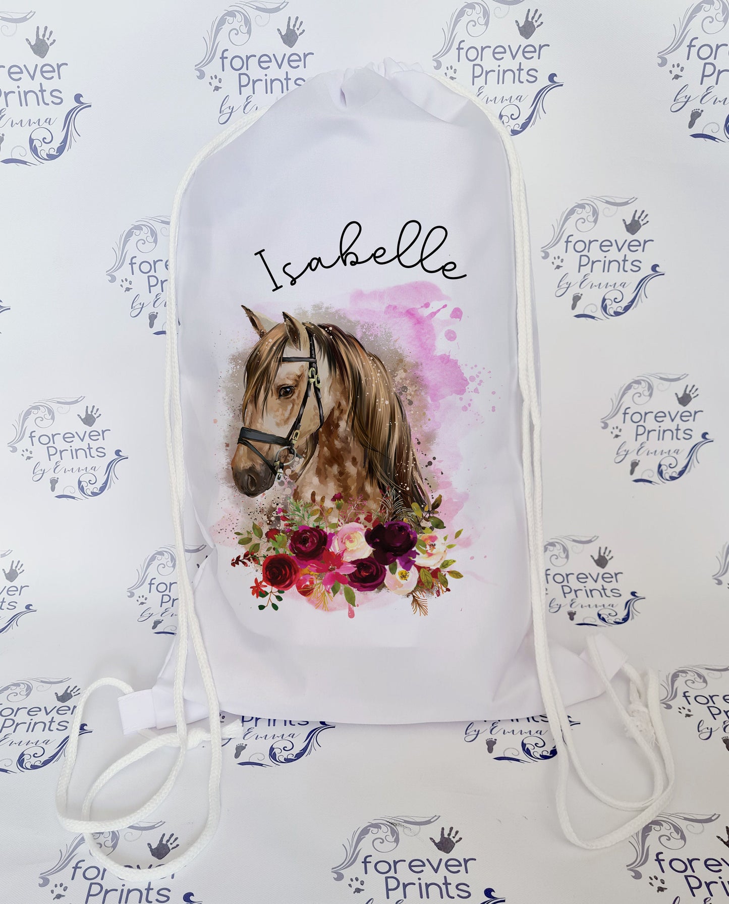personalised school drawstring bag, horse drawstring bag, horse gym bag