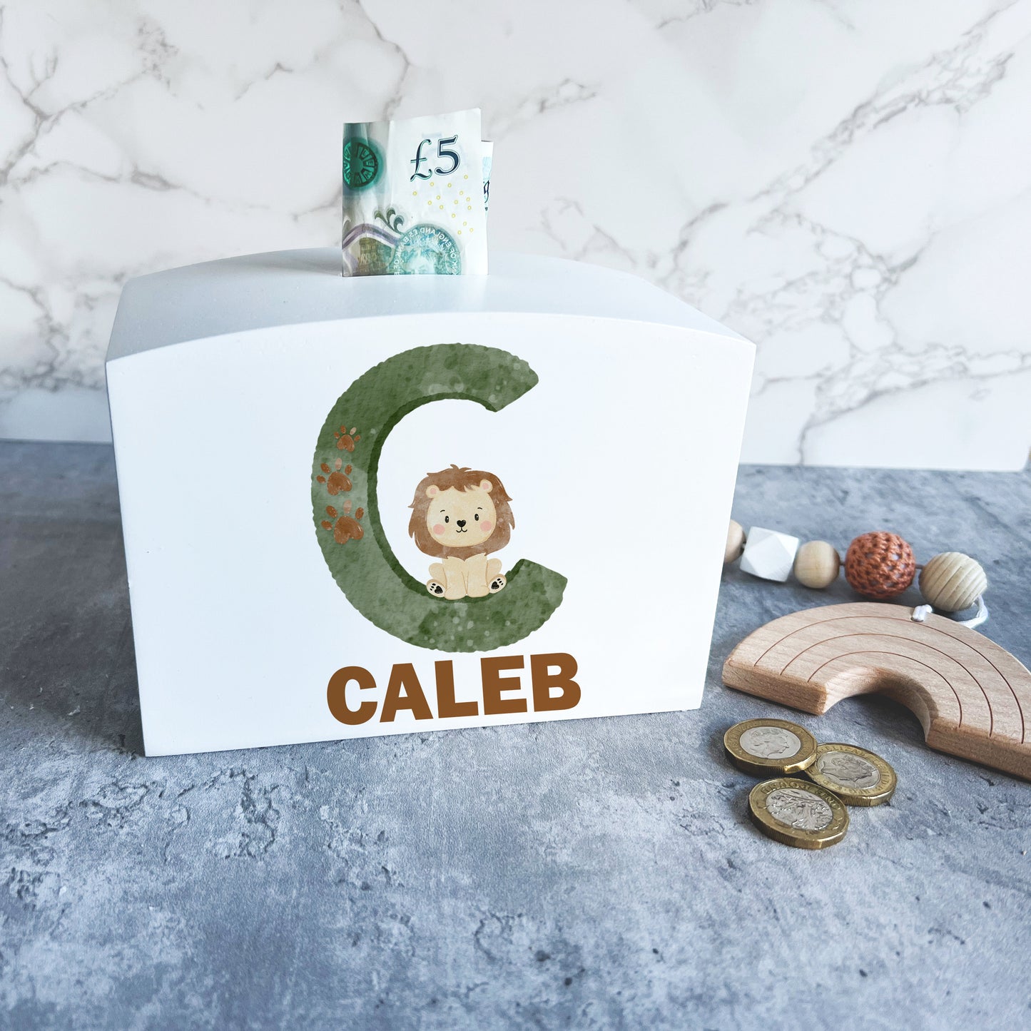 Wooden Safari money box, personalised money box.