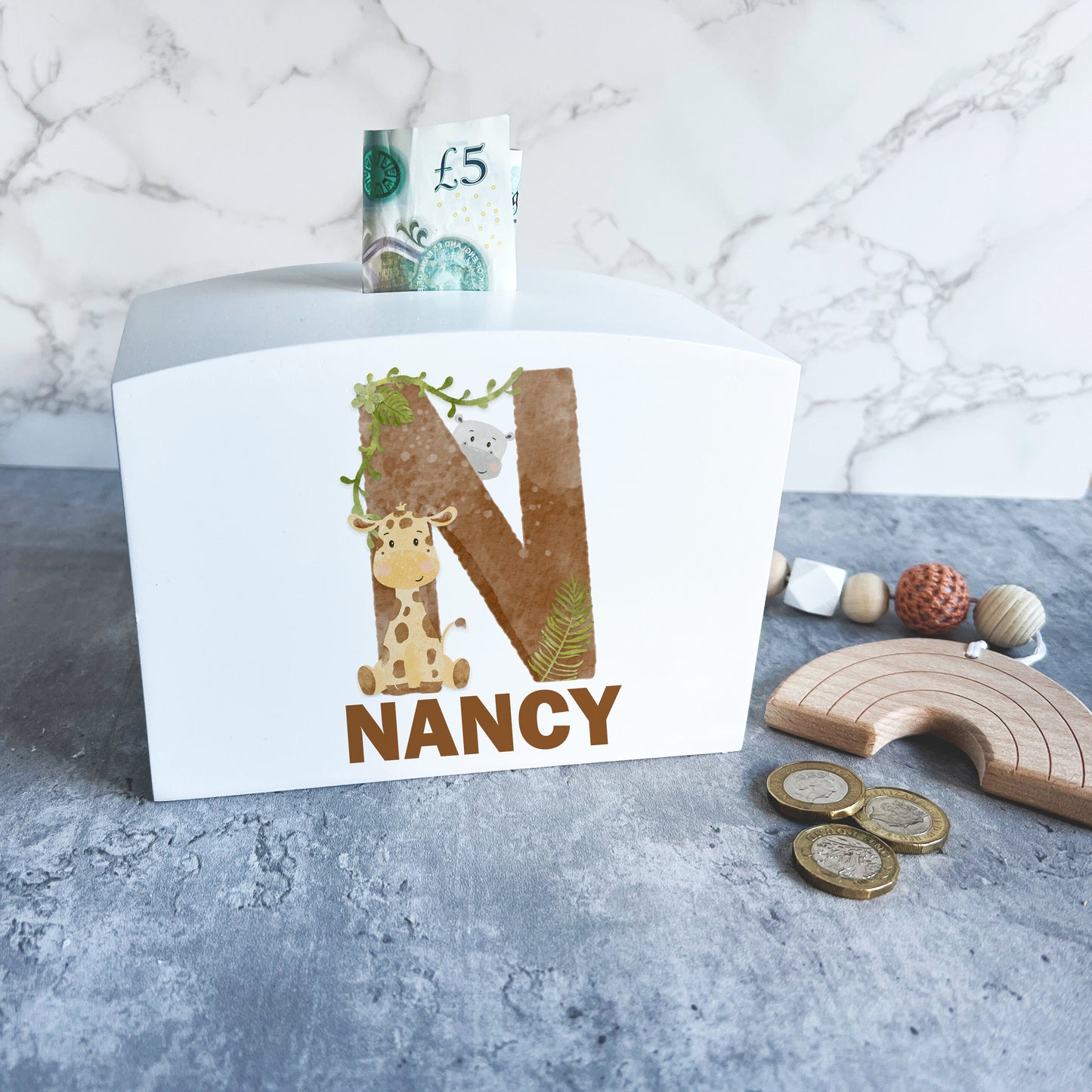 Wooden Safari money box, personalised money box.