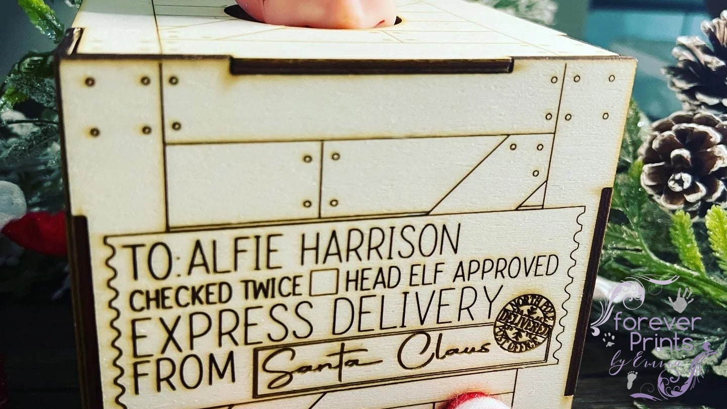 Elf prop arrival box engraved wood, personalised.