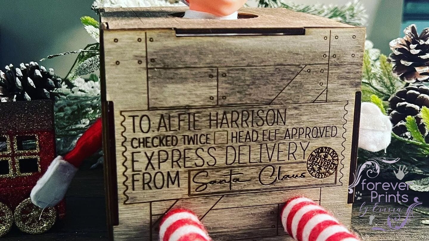 Elf prop arrival box engraved wood, personalised.