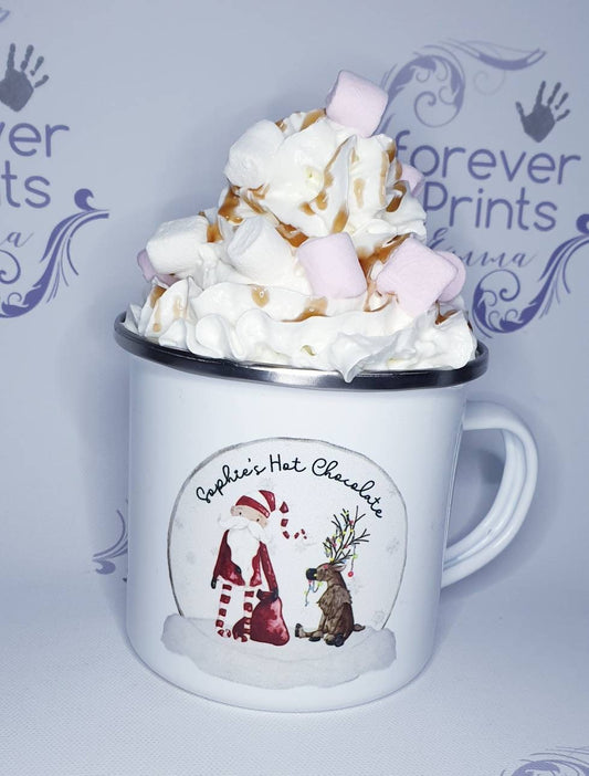 Personalised Christmas Enamel Mug, Children's Hot Chocolate Mug