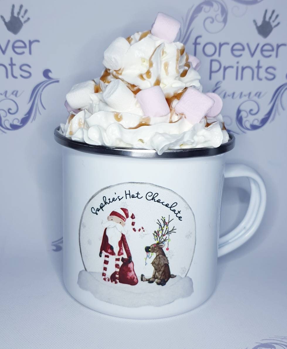 Personalised Christmas Enamel Mug, Children's Hot Chocolate Mug