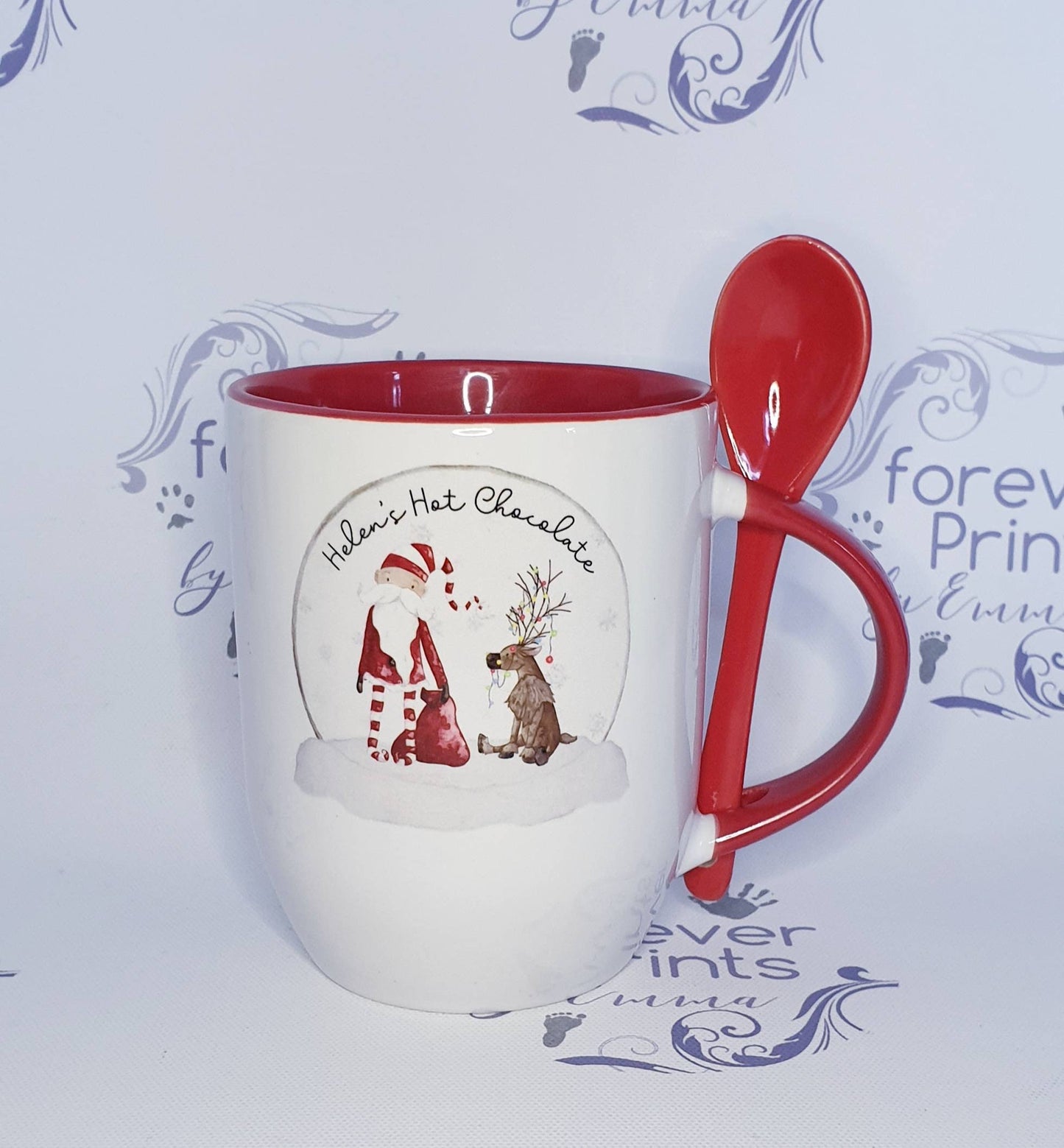 Personalised Christmas Mug, Red Handle & Spoon, Family Gift