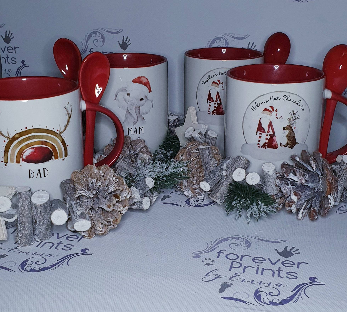 Personalised Christmas Mug, Red Handle & Spoon, Family Gift