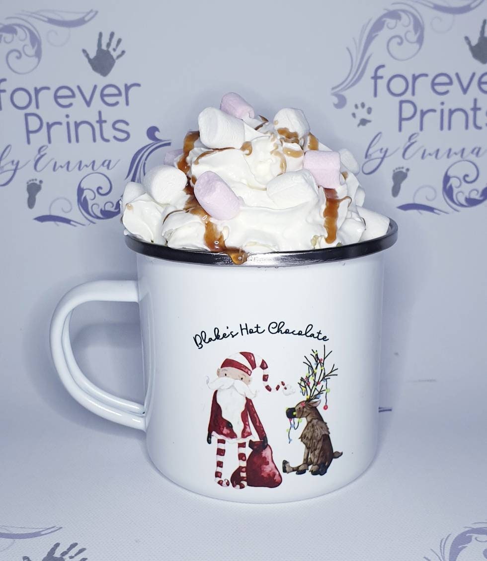 Personalised Christmas Enamel Mug, Children's Hot Chocolate Mug