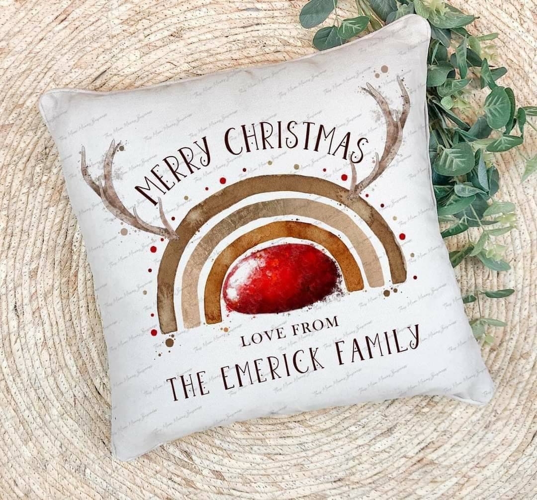 Christmas Reindeer Rainbow Pillow, Festive Cushion