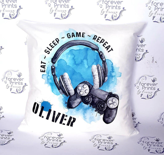 Personalised Gamer Cushion, Eat Sleep Game Repeat Pillow