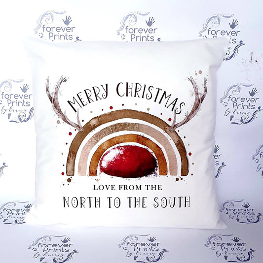 Christmas Reindeer Rainbow Pillow, Festive Cushion