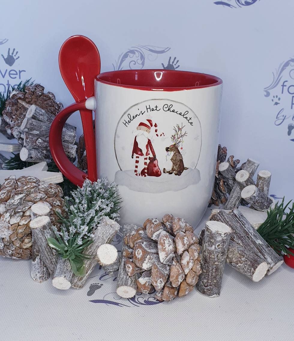 Personalised Christmas Mug, Red Handle & Spoon, Family Gift